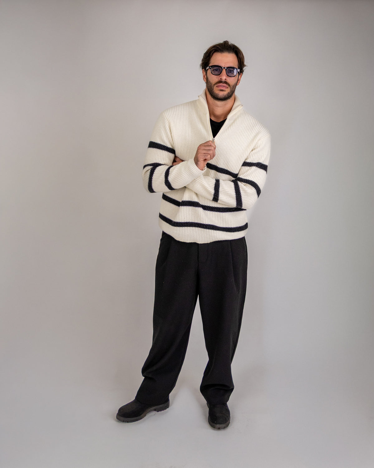 SOFT WOOL HALF-ZIP SWEATER CREAM/BLACK